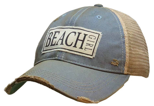 Beach Girl Distressed Trucker Hat Baseball Cap- Sky Blue