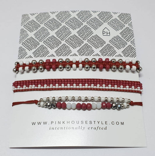 School Spirit Pull Bracelets- Crimson/White